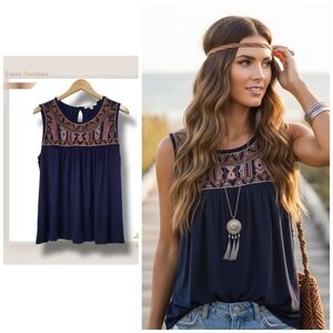 🌿Green Envelope Women's 1X Navy Blue Sleeveless Aztec Embroidered Babydoll Top